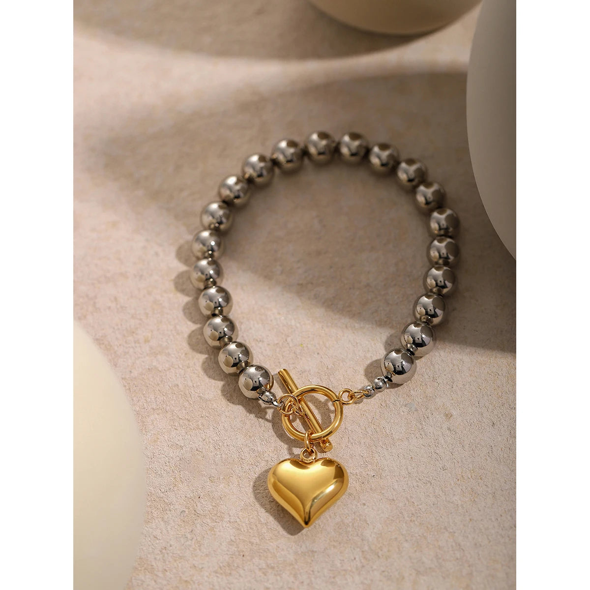 Gold Heart and Silver Round Beads Bracelet