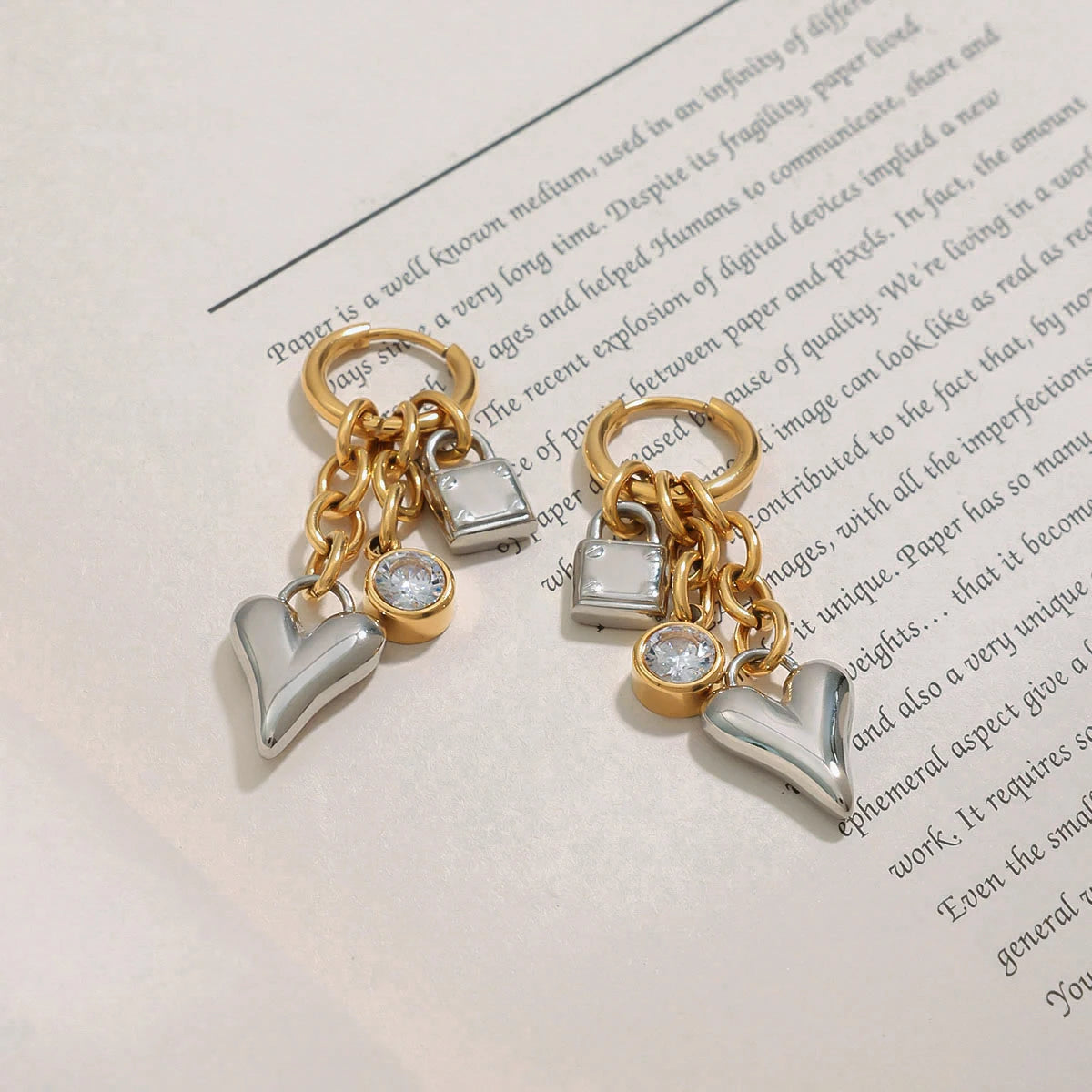 Sparkling Gold&Silver White Zircon Heart & Lock Pendant Earrings