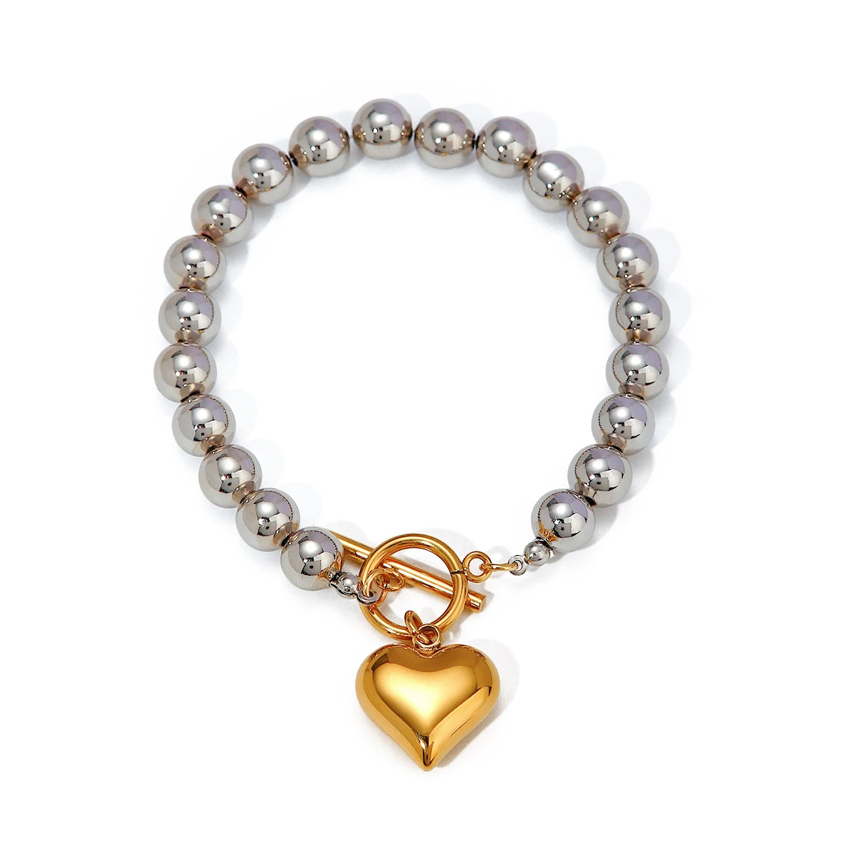 Gold Heart and Silver Round Beads Bracelet