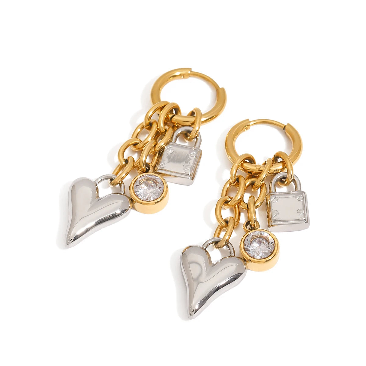 Sparkling Gold&Silver White Zircon Heart & Lock Pendant Earrings