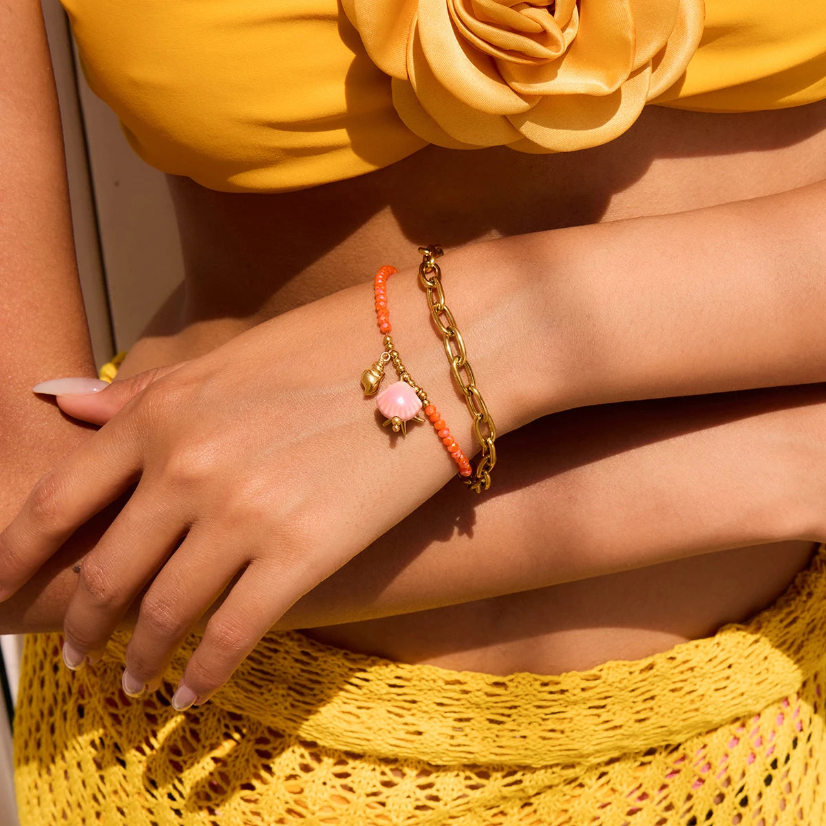 Ceramic Conch and Orange Crystal Chain Bracelet