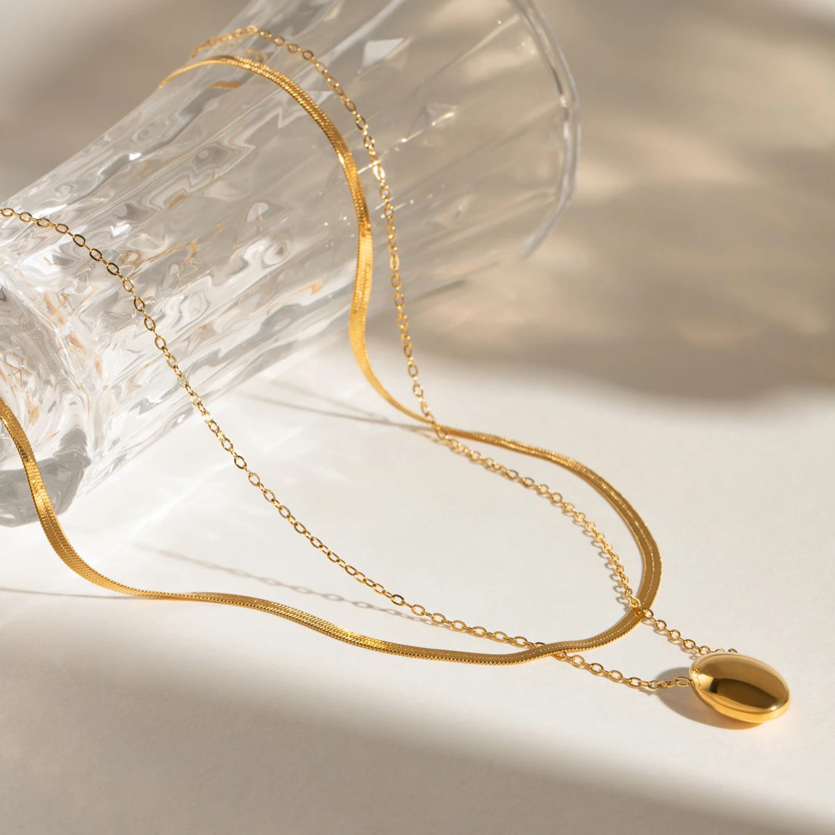 Double Layer Chain Oval Pendant Necklace