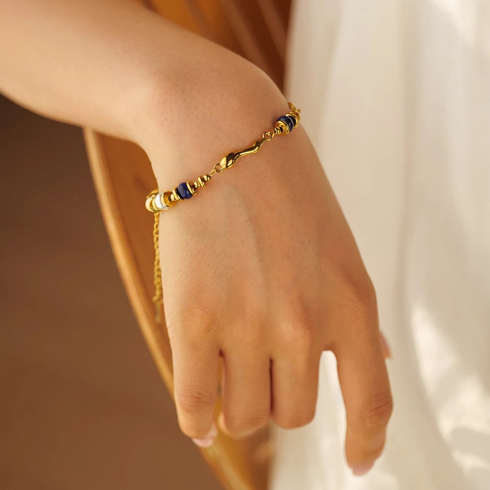 Pearl & Lapis Lazuli Water Drop Shaped  Metal Casting Bracelet
