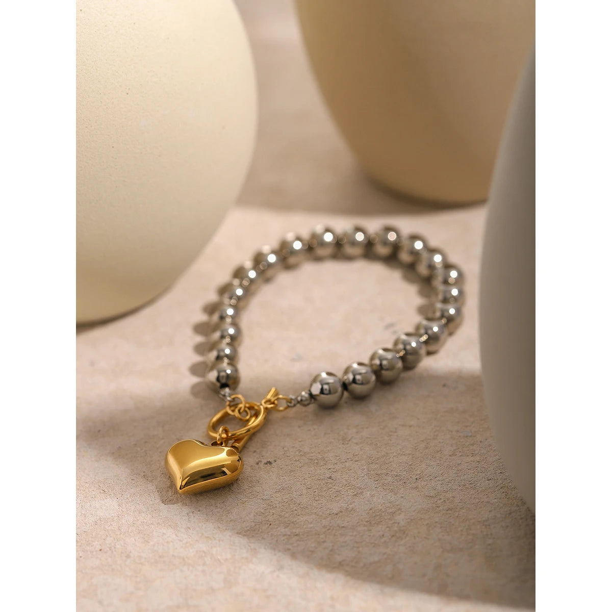 Gold Heart and Silver Round Beads Bracelet
