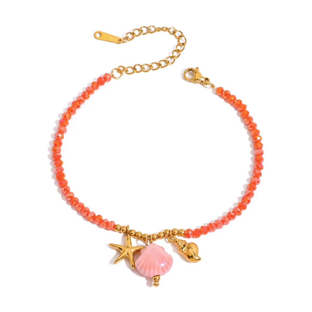 Ceramic Conch and Orange Crystal Chain Bracelet
