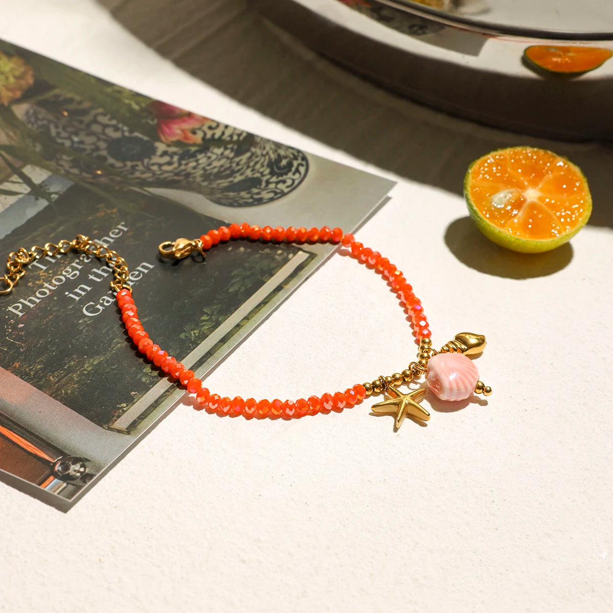 Ceramic Conch and Orange Crystal Chain Bracelet