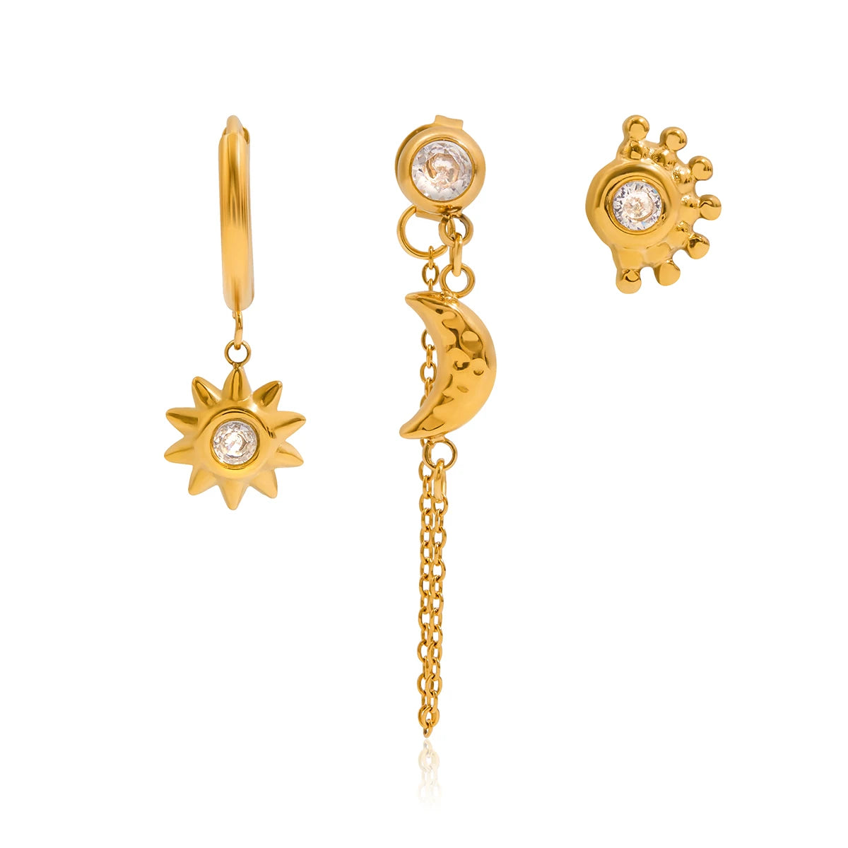 Set Zirconia Sun Hammered Design Stud Earrings
