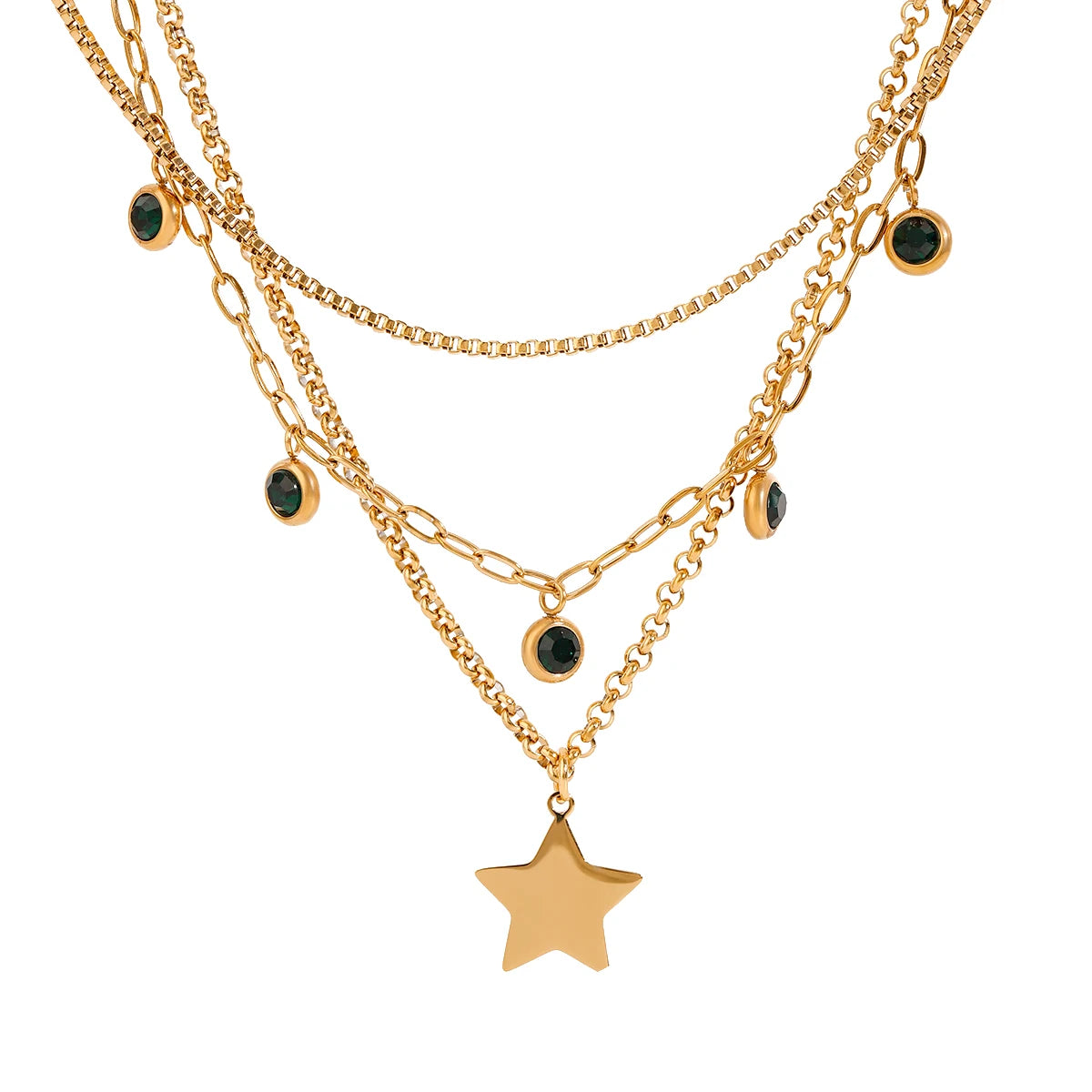 Green Rhinestone Star Pendant Three Layers Necklace