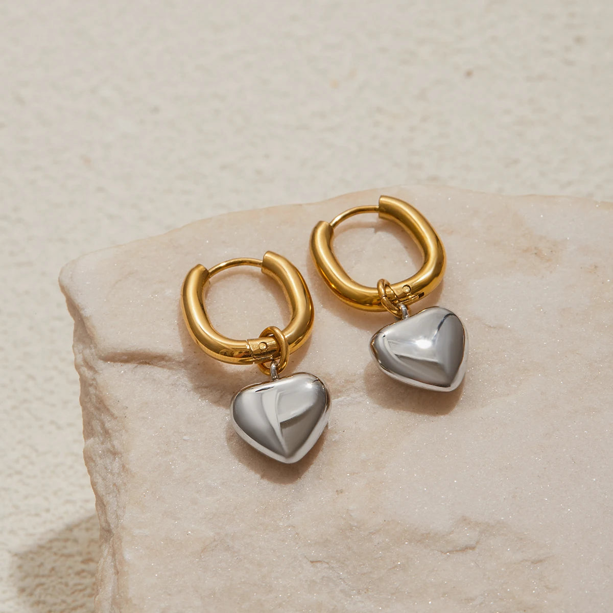 Gold Silver Mixed Color Heart Dangle Earrings