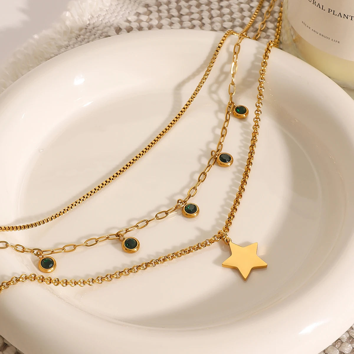 Green Rhinestone Star Pendant Three Layers Necklace