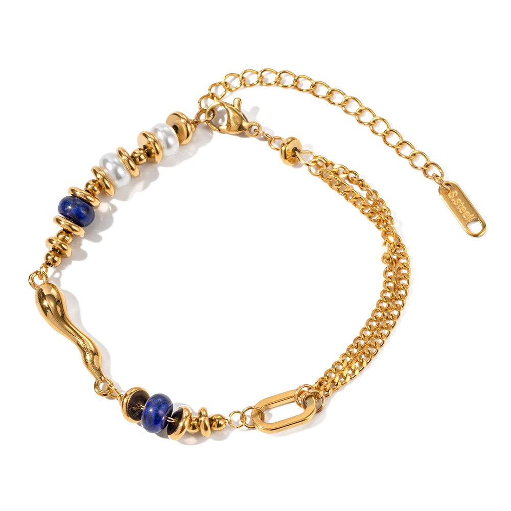 Pearl & Lapis Lazuli Water Drop Shaped  Metal Casting Bracelet