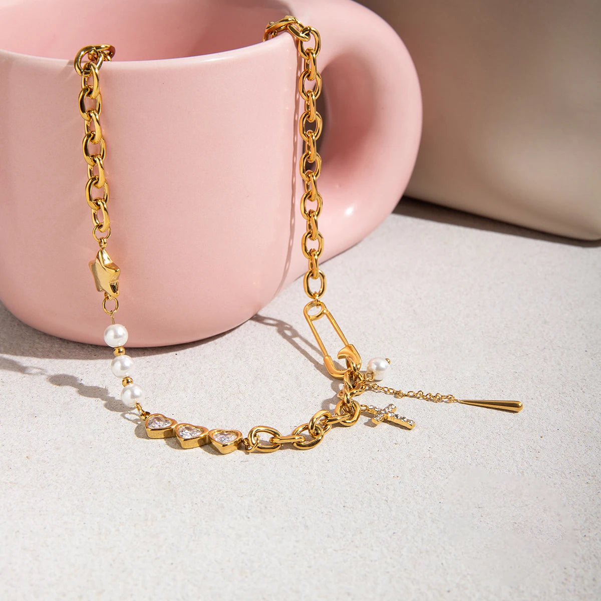 Paperclip + Glossy Pentagram Cross with Zirconia Pendant Necklace