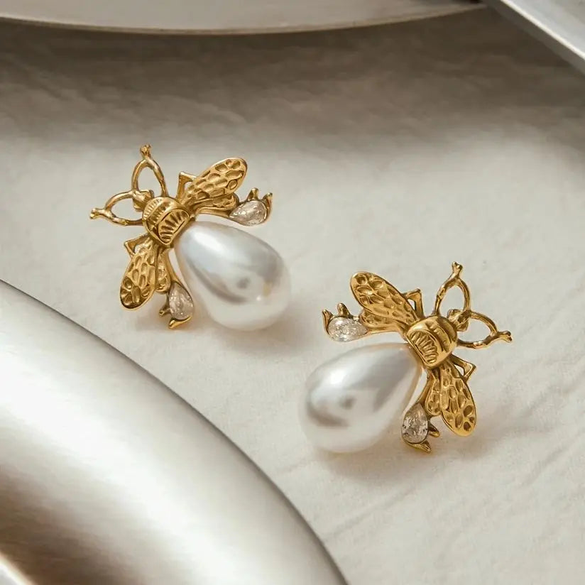 Faux Pearls Bee Zirconia Stud Earrings