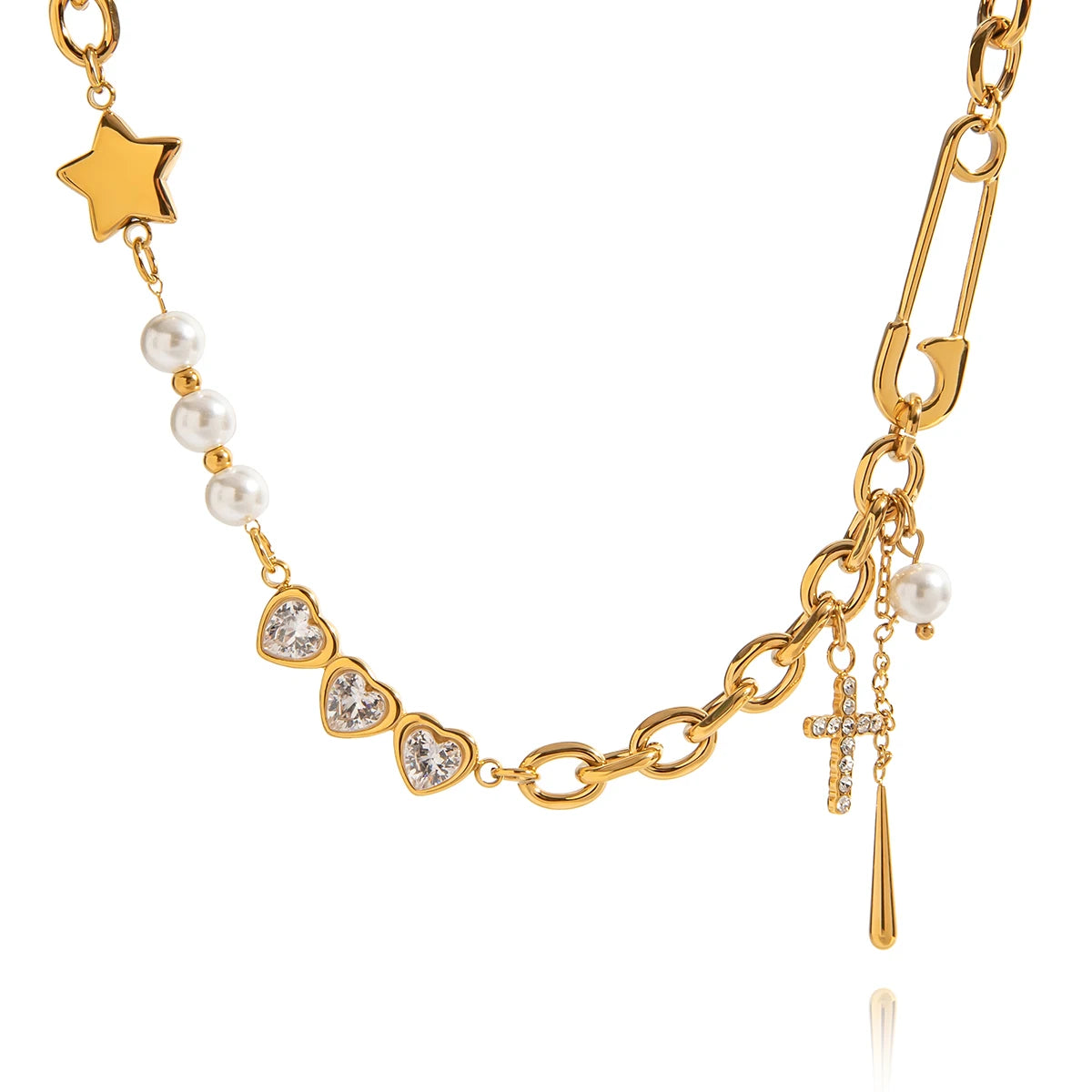 Paperclip + Glossy Pentagram Cross with Zirconia Pendant Necklace