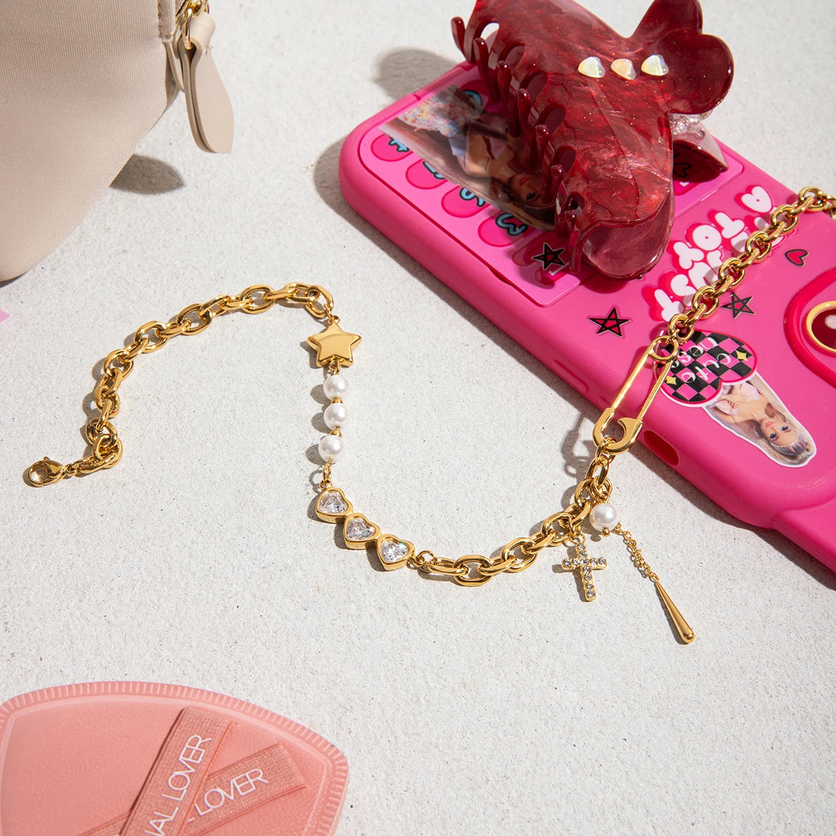 Paperclip + Glossy Pentagram Cross with Zirconia Pendant Necklace
