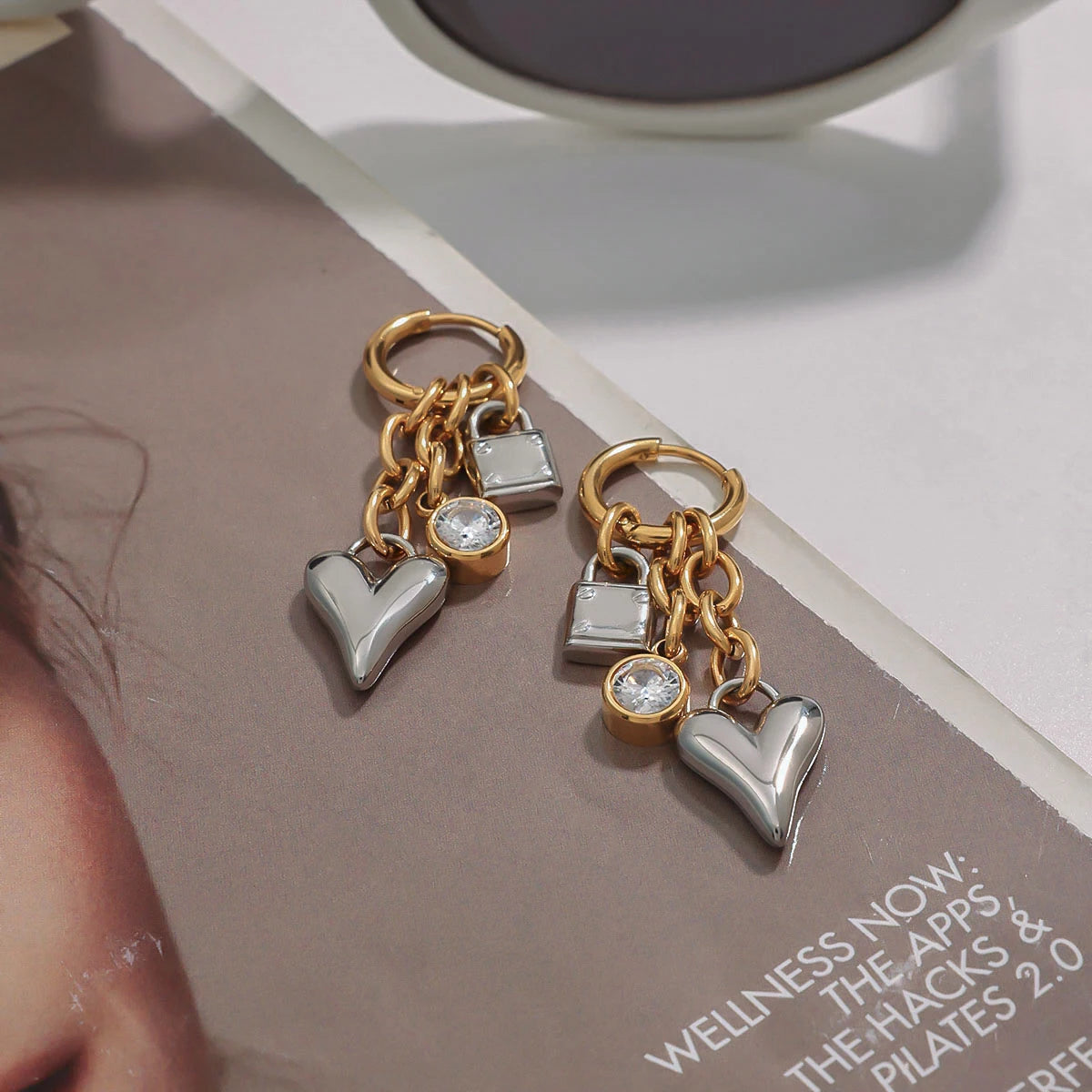Sparkling Gold&Silver White Zircon Heart & Lock Pendant Earrings