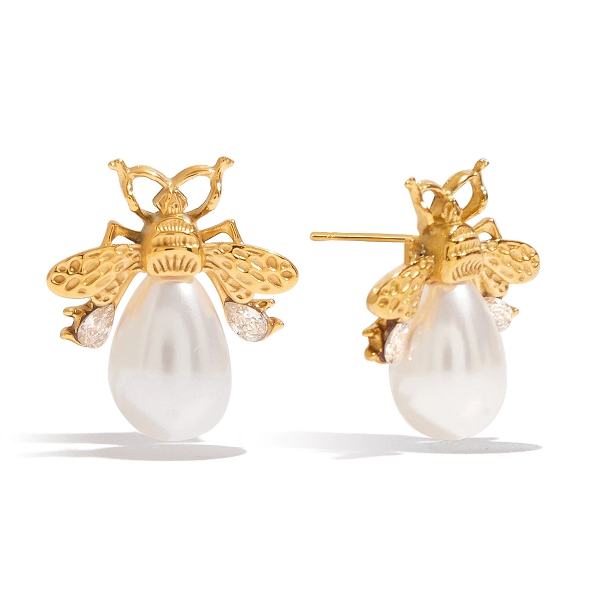 Faux Pearls Bee Zirconia Stud Earrings