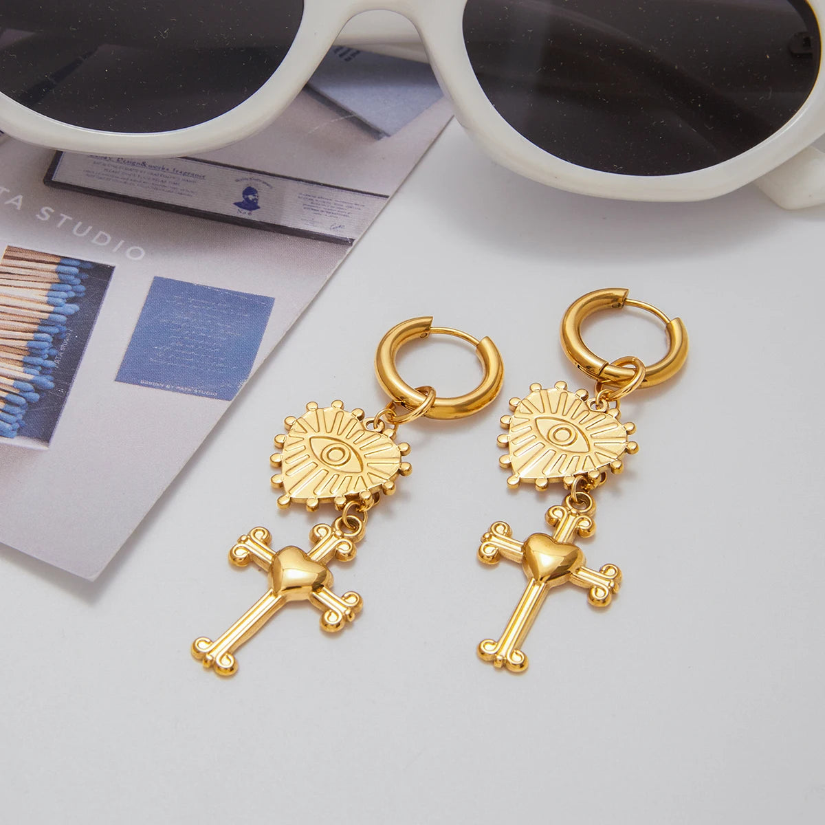 Devil's Eye Cross Dangle Earrings