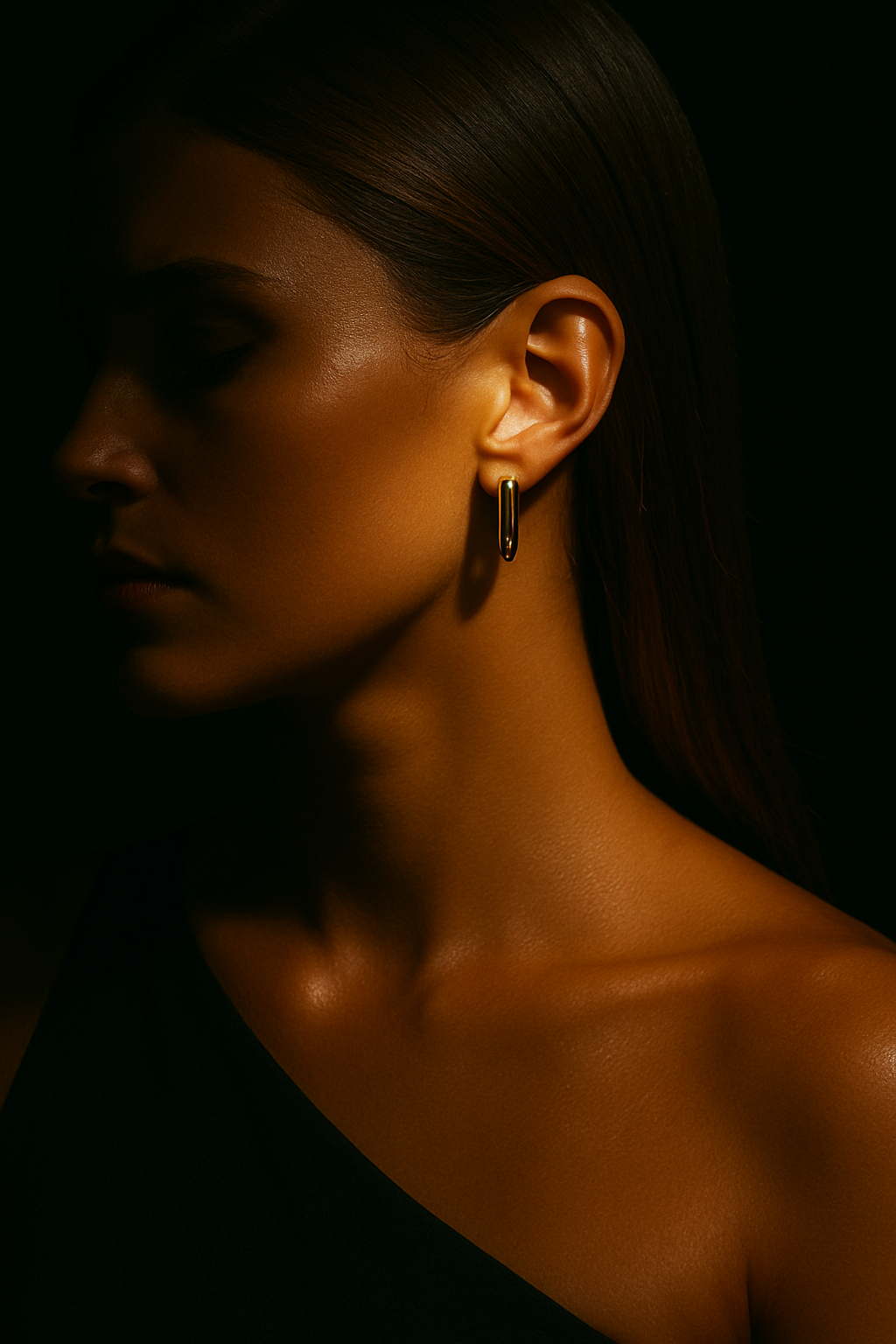 Close-up of a person wearing gold hoop earrings with a dark background